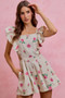 SO ME Floral Print Denim Cut Out Waist Ruffled Romper