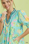 Umgee Botanical Print Dress with Smocked Cuffs