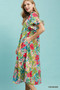 Umgee Tropical Floral Ruffle Sleeve Tiered Midi Dress
