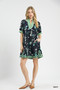 Umgee Floral Puff Sleeve Dress with Contrast Trim