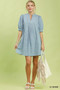 Umgee Print Denim Dress with Contrast Stitch