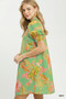 Umgee Botanical Print Dress with Smocked Cuffs