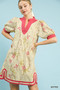 Umgee Floral Puff Sleeve Dress with Contrast Trim