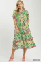 Umgee Floral Print Puff Sleeve Tiered Midi Dress
