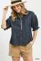 Umgee Chambray Scalloped Trim Button Front Blouse