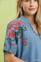 Umgee Embroidered Denim Puff Sleeve Top