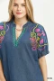 Umgee Embroidered Denim Puff Sleeve Top
