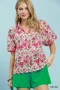 Umgee Floral Puff Sleeve Blouse with Scalloped Details