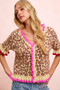 BiBi Leopard Patterned Ruffled Detail Button Cardigan