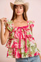 BiBi Floral Print Woven Bow Tie Ruffle Square Neck Top