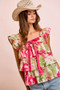 BiBi Floral Print Woven Bow Tie Ruffle Square Neck Top