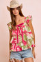 BiBi Floral Print Woven Bow Tie Ruffle Square Neck Top