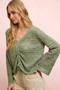 BiBi Pointelle Knit V Neck Ruched Front Lightweight Top