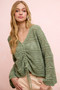 BiBi Pointelle Knit V Neck Ruched Front Lightweight Top