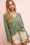 BiBi Pointelle Knit V Neck Ruched Front Lightweight Top