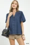 Umgee Denim Button Front Puff Sleeve Boho Blouse