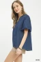 Umgee Denim Button Front Puff Sleeve Boho Blouse