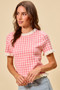 SO ME Gingham Knit Ruffled Short Sleeves Sweater Top