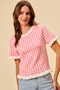 SO ME Gingham Knit Ruffled Short Sleeves Sweater Top