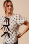 SO ME Bow Texture Woven Peplum Top With Contrast Tie