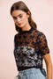 BiBi High Neckline Short Sleeves Bow Pattern Mesh Top