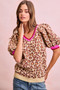 BiBi Leopard Pattern Puff Sleeve V-neck Sweater Top