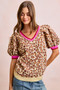 BiBi Leopard Pattern Puff Sleeve V-neck Sweater Top