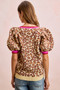 BiBi Leopard Pattern Puff Sleeve V-neck Sweater Top