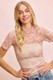 BiBi High Neckline Short Sleeves Bow Pattern Mesh Top