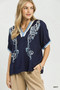 Umgee Embroidered Floral V-Neck Short Sleeve Blouse with Contrast Trim