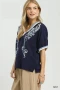Umgee Embroidered Floral V-Neck Short Sleeve Blouse with Contrast Trim