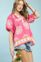 Umgee Floral Border Smocked V-Neck Boho Blouse