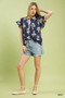 Umgee Floral Ruffle Sleeve Split-Neck Top