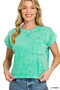 Zenana Halo Snow Washed Cotton Cuffed Short Sleeve Top