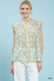 Umgee Floral Print Flutter Sleeve Split Neck Top