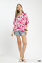 Umgee Floral Scalloped Edge Puff Sleeve Blouse with High-Low Curved Hem