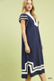 Umgee Linen Cotton Contrast Neckline Midi Dress
