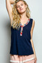 POL Ribbed V-Neck Tank with Contrast Floral Neckband
