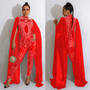 Women Beaded Mesh See-Through Slit Sleeve Jumpsuit