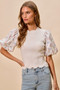 SO ME Floral Cotton Contrast Sleeves Scallop Sweater Top