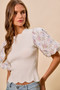 SO ME Floral Cotton Contrast Sleeves Scallop Sweater Top