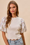 SO ME Floral Cotton Contrast Sleeves Scallop Sweater Top