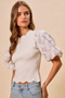 SO ME Floral Cotton Contrast Sleeves Scallop Sweater Top