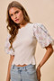 SO ME Floral Cotton Contrast Sleeves Scallop Sweater Top