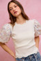 SO ME Floral Cotton Contrast Sleeves Scallop Sweater Top