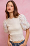 SO ME Floral Cotton Contrast Sleeves Scallop Sweater Top