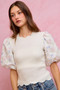 SO ME Floral Cotton Contrast Sleeves Scallop Sweater Top