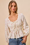 SO ME Floral Clip Dot Lace Trim Ruched Bodice Blouse