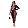 Women Fall Contrast Leopard Cut Out Long Sleeve Sexy Dress