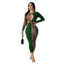 Women Fall Contrast Leopard Cut Out Long Sleeve Sexy Dress